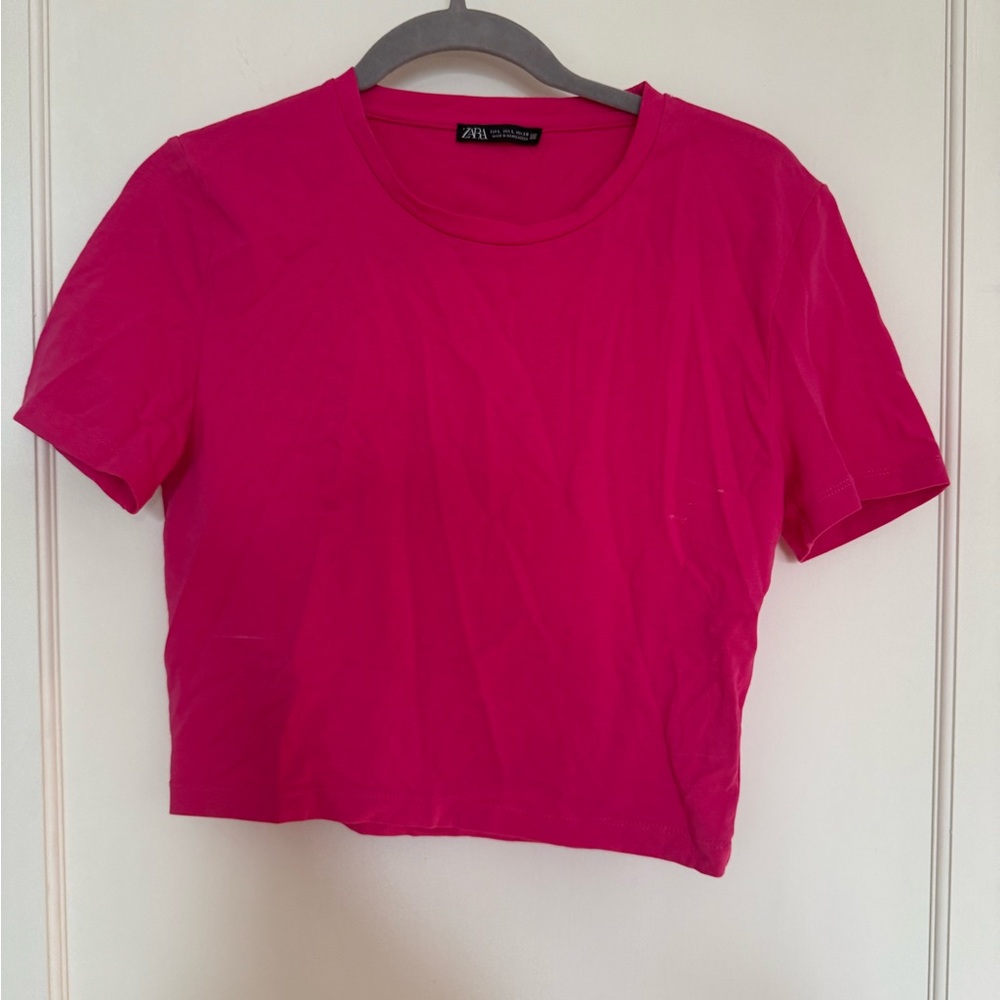Zara Bright Pink Cropped Crewneck Tee
